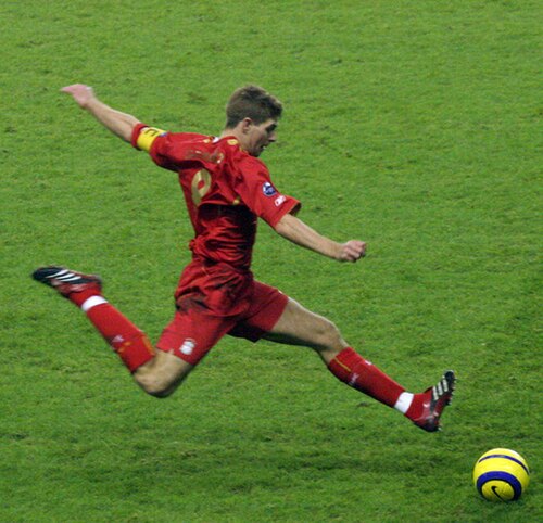Liverpool Footballer Steven Gerrard preparing to strike the ball, 2005