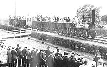 Locomotion No 1 of the Stockton & Darlington Railway at the 1925 100th anniversary cavalcade. Locomotion (1925 cavalcade).jpg