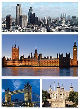 Överst: City of Londons skyline, Mitten: Westminsterpalatset, Nedre vänster: Tower Bridge, Nedre höger: Towern.
