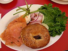 A bagel, lox, and cream cheese sandwich, before assembly Lox-and-bagel-02.jpg