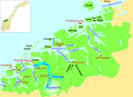 Location of Geirangergfjord (darker blue) within Møre og Romsdal (green). Geirangerfjord is the southernmost part of great Storfjord. Between Hellesylt and the main fjord is Sunnylvsfjord segment.