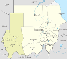 Darfur, yeşil renkte, batı Sudan'da bulunuyor.