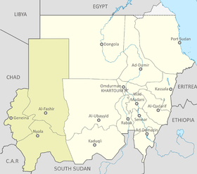 Locații din Darfur (verde deschis) și restul Sudanului (galben pal).