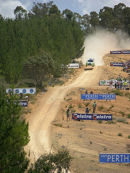 Marcus Grönholm at the Bunnings Jumps, one of the most famous features of the Rally Australia.