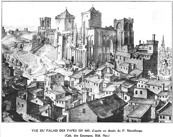 Il Palazzo dei Papi ad Avignone con Notre-Dame des Doms veduta del 1617