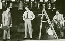 From left: Bill Hayes (as Larry) and Mark Dawson (Bob) exchange hostile stares as Edwin Phillips (Sidney) looks on. From the original production. Me and Juliet confrontation.jpg