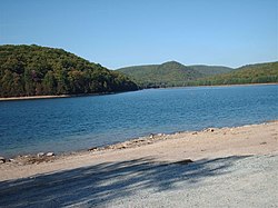 The lake in October 2007, with the water receded by 30 feet Michaux State Forest drought.jpg