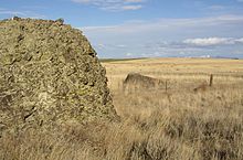 Example of mixed erratics. The boulder in the foreground is basalt. The boulder on the other side of the fence is granite. Mixed-Eratics-PB110053.JPG