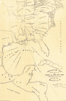 1848 map showing the planned route of the Mobile and Ohio Railroad. MobileOhioRailRoad1848.gif