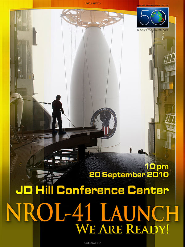 Close-up of Atlas 501 payload fairing with NROL-41 satellite (poster commemorating 50 years of NRO).