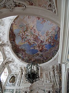 Looking up the central stairway at Augustusburg Palace in Brühl by Balthasar Neumann (1741–1744)
