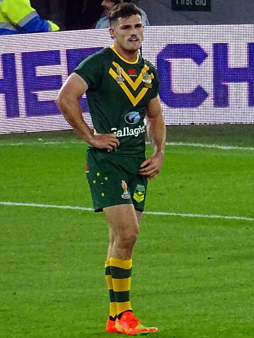 Penrith Panthers halfback Nathan Cleary playing for Australia in the 2021 Rugby League World Cup