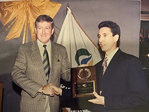 Nepomuceno receives his World Bowling Hall of Fame plaque from Bernard Gibbons in a ceremony in Johannesburg, South Africa 1993.