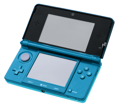 The original Nintendo 3DS in the Aqua Blue color, open and showing the top and bottom screens.