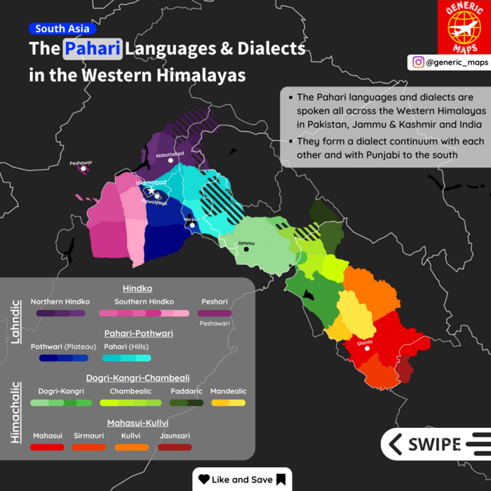 Map of North Lahnda (Hindko and Pahari-Pothwari) dialects and varieties
