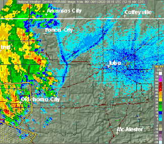 Radar image animation of an outflow boundary of a storm approaching Tulsa, Oklahoma. The outflow boundary's weak echo moves left-to-right and passes overhead of the Doppler radar station. The outflow produces a gust front that moves ahead of the main thunderstorm. Outflow boundary of storm approaching Tulsa - rocking animation.gif