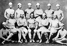 Photo of the first Yale team to play using rules of rugby (1876); Back row: Clark, C. Camp, Hatch, Walter Camp, Wurts, Taylor; front row: Davis, Downer, Walker, Baker, Bigelow, Thompson, Morse Outing (1885) (14766357365).jpg