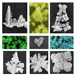 thumbImmagini al microscopio elettronico a scansione (SEM) che mostrano particelle di BaTiO3. Le diverse morfologie dipendono dalle condizioni di sintesi (precipitazione, sintesi idrotermale e solvotermale): le dimensioni e la forma possono essere variate variando la concentrazione dei precursori, la temperatura di reazione e il tempo. Il colore (se aggiunto) aiuta a enfatizzare i livelli di scala di grigi. In generale, la sintesi del titanato di bario per precipitazione da soluzione acquosa permette di produrre particelle di forma sferica con dimensioni che possono essere adattate da pochi nanometri a diverse centinaia di nanometri diminuendo la concentrazione dei reagenti. A bassissima concentrazione le particelle tendono a sviluppare una morfologia simil-dendritica, come riportato nelle immagini.