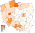 Poparcie dla PO w wyborach w 2005 w poszczególnych okręgach