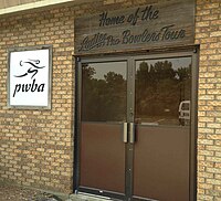 PWBA and LPBT signs still visible July 2014 at the door of the longtime former home of the organizations, The Cherry Bowl in Rockford, IL. PWBA sign on door.jpg