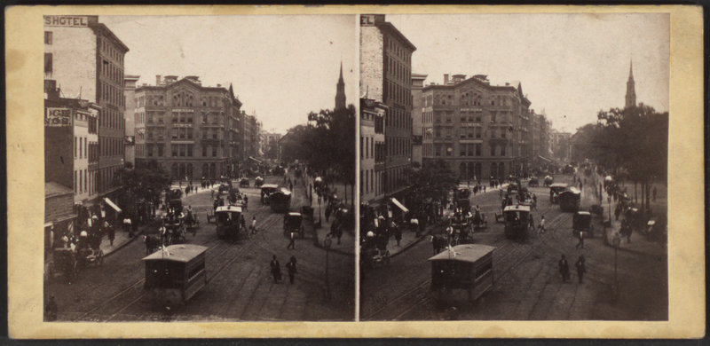 File:Park Row from Tryon Row, the City Hall Park on the right, showing the Times Building, and a distant view of St. Paul's Church, by E. & H.T. Anthony (Firm).png