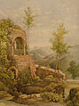 Vue de la ruine du château de Landsberg vers le château d'Andlau (1865)