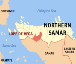 Mapa ng Hilagang Samar na nagpapakita sa lokasyon ng Lope De Vega.