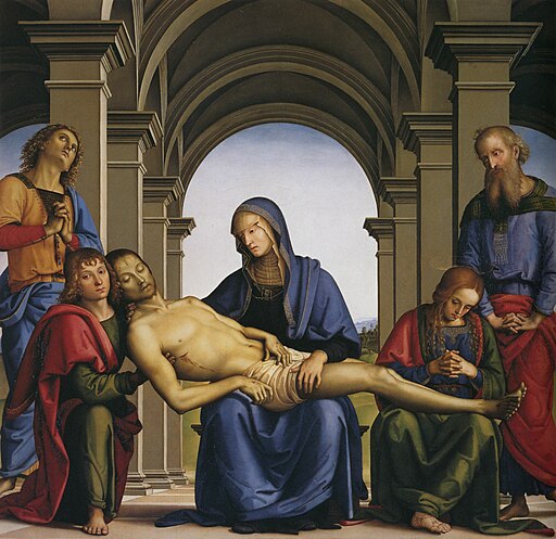 Pietro Perugino, Pietà con i Santi Giovanni Evangelista, Maria Maddalena, Nicodemo e Giuseppe d’Arimatea., olio su tavola, 1490, Museo Uffizi, Firenze