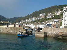 Tourists leaving Polperro's inner harbour on a fisherman's boat trip Polperro from Boat 1.jpg