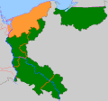 Pomeranian part as of 1937 (orange) of the former eastern territories of Germany (dark green) now in post-war Poland