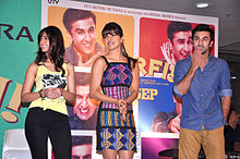 Ileana D'cruz, Priyanka Chopra and Ranbir Kapoor at a promotional event. Priyanka promotes barfi at a mall.jpg