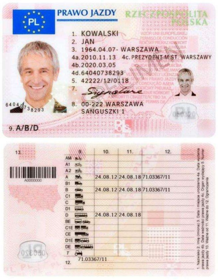 Polish driving licence, a typical harmonised European driving licence; front and back side