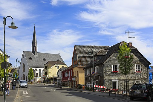 Rösrath Germany Hauptstrasse-with-Church-seen-from-Sülztalplatz-01