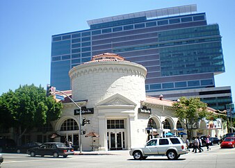 Modern high rise behind Spanish-Mediterranean Ralphs building Ralphs Grocert Store Site, Westwood.jpg