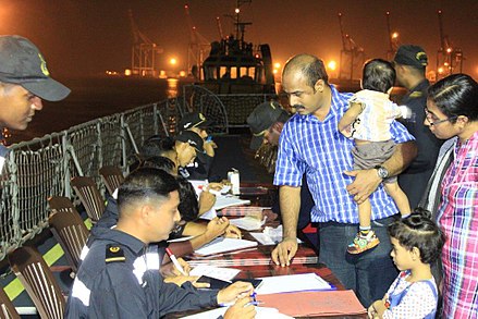 Indian Navy personnel registering Indian citizens evacuating from Yemen.