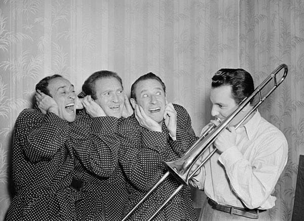 The Ritz Brothers: L to R; Jimmy Ritz, Harry Ritz and Al Ritz with Buddy Morrow, 1947