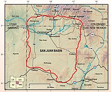 The San Juan structural basin is primarily in New Mexico and the southeast corner of the Colorado Plateau. SanJuanBasinUSGS.jpg
