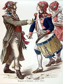 French revolutionaries wearing Phrygian caps and tricolor cockades Sansculottes.jpg