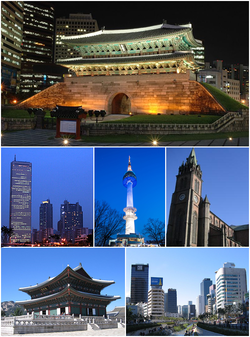 Arah jam dari atas: Namdaemun, Katedral Myeongdong, Cheongyecheon, Gyeongbokgung Geunjeongjeon, Bangunan 63, Menara N Seoul