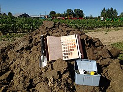 Soil Munsell color book, hand trowel, and equipment kit located on a pile of soil in British Columbia, Canada