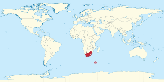 南非本土（紅色）和隸屬於南非的愛德華王子群島（紅色圓圈位置）