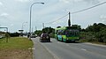 English: The rear of Southern Vectis 320 Brambles Chine (SN03 LDK), a Dennis Dart SLF/Plaxton Pointer 2 MPD, in Newport Road, Northwood, Isle of Wight, on route 1. It is passing the Isle of Wight County Showground. This is the main road between Newport and Cowes.