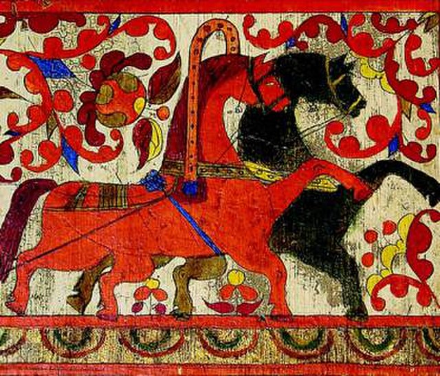 Red (day) and black (night) horses. Fragment of a spinning distaff board from the Nizhnyaya Toyma area