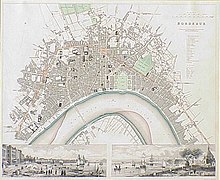 Bordeaux nach einem Plan von 1840 mit Blick nach Westen. Die Bebauung hat sich bereits weit über die mittelalterlichen Grenzen (rot markiert) ausgedehnt. Die bevorzugte Wohngegend ist das Viertel um den Jardin Public.