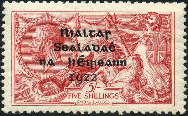 Postage stamps of the government consisted of overprinted British stamps. The text in traditional Irish orthography reads Rialtas Sealadach na hÉirean