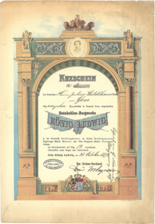 Kuxschein des Steinkohlen-Bergwerks König Ludwig, ausgestellt am 28. Oktober 1872 auf den Essener Kaufmann und Bergbauunternehmer Julius Waldthausen, original unterschrieben von dem Bankier Wilhelm Hagedorn als Grubenvorstand