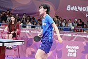 Deutsch: Tischtennis bei den Olympischen Jugendspielen 2018; Tag 9, 15. Oktober 2018; Mixed, Finale, Mixed-Doppel – Miu Hirano (JPN) gegen Sun Yingsha (CHN) 2:3 English: Table tennis at the 2018 Summer Youth Olympics at 15 October 2018 – Mixed Final, Mixed-Double – Miu Hirano (JPN) Vs Sun Yingsha (CHN) 2:3