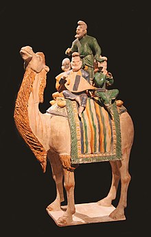 A Tang dynasty sancai statuette of Sogdian merchants riding on a Bactrian camel, 723 AD, Xi'an. Tang Sancai Porcelain with Musicians on a Camel (no background).jpg