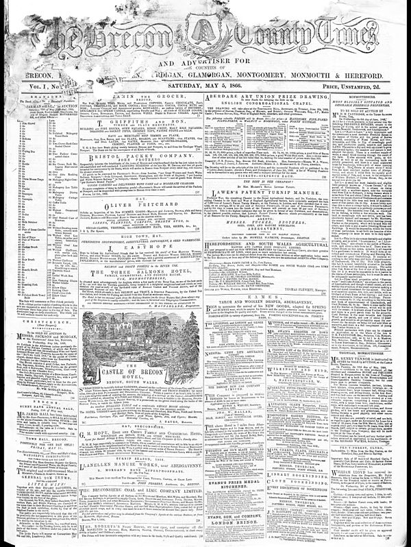 Front page of the earliest surviving copy on The Brecon County Times, 5 May 1866