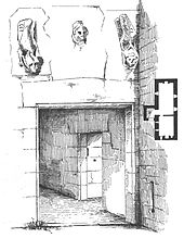 The entrance to Monkcastle with carvings (ground plan to right) The ruins of Monkcastle, main entrance, Dalry.jpg